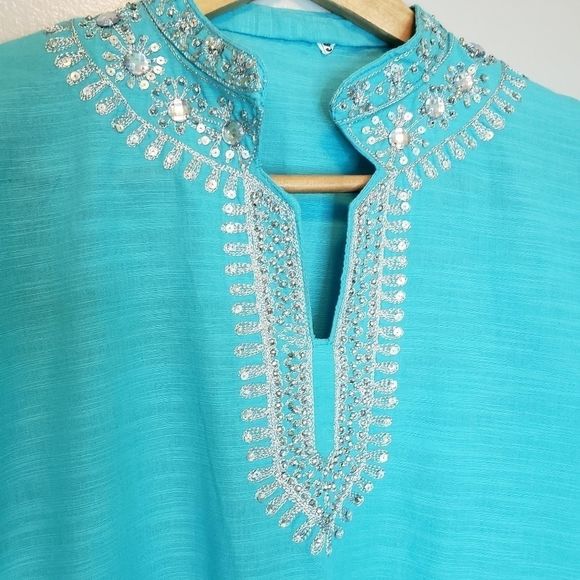 VINTAGE Peasant Blouse Turqoise Blue Small - Picture 7 of 8